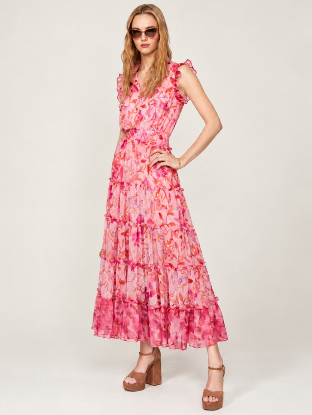 MISA Los Angeles Trina Fire Florals Metallic Floral Maxi Dress M